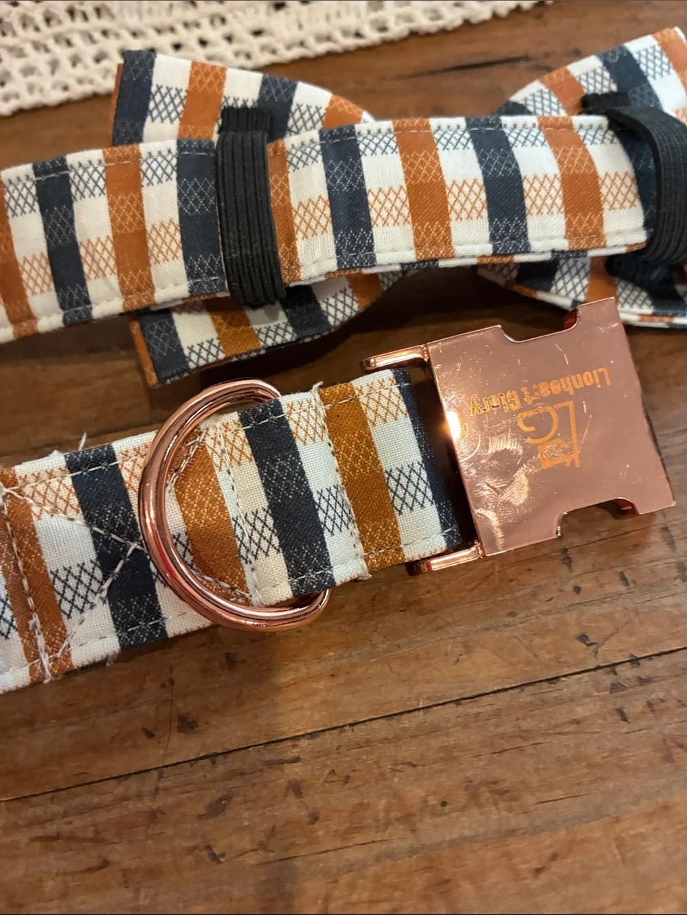Striped Bow Tie Dog Collar in Tan, Adjustable to 25” New